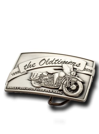 Belt buckle in antiek zilver met een motor en tekst in reliëf