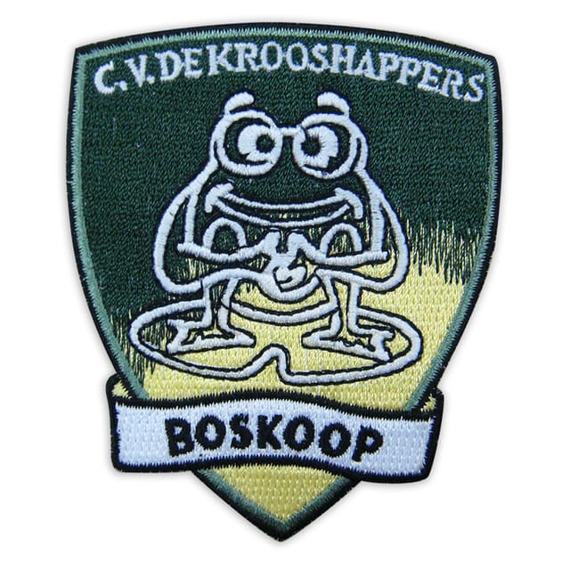 Geborduurd carnavalsembleem in schildvorm met een kikker op groen