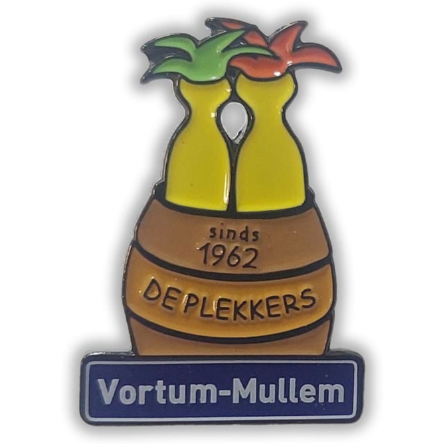 Zacht emaille carnavalspin met een pot vol vruchten en plaatsnaam
