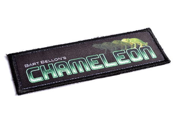Smalle rechthoekige full colour patch met een kameleon en tekst