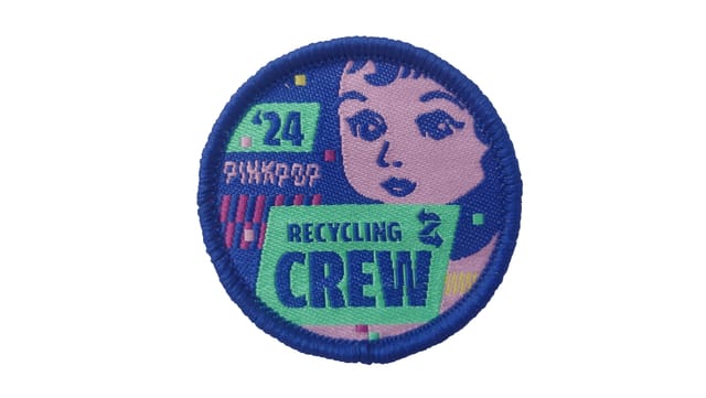 Ronde geweven patch met een getekend gezicht en tekst