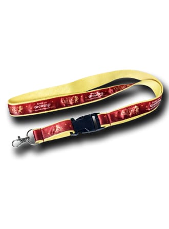 Polyester lanyard met full colour satijnlint in rood en geel